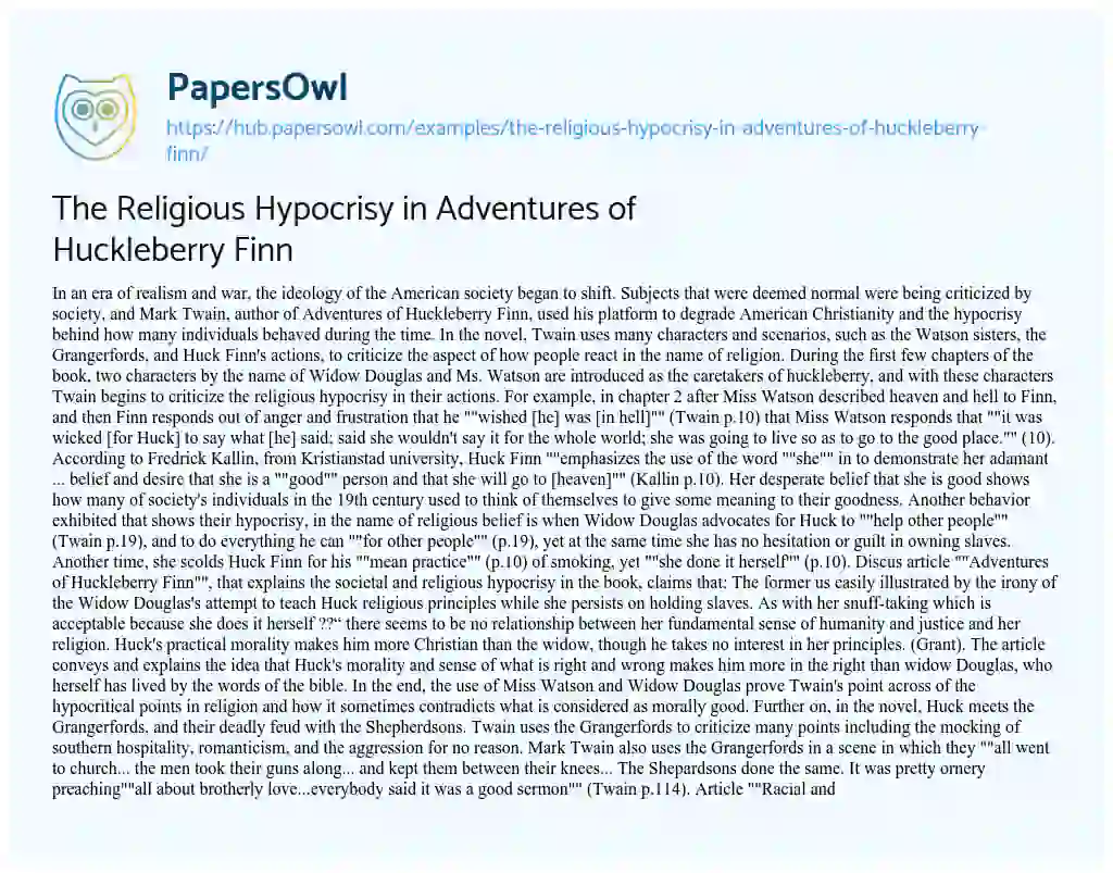Essay on The Religious Hypocrisy in Adventures of Huckleberry Finn