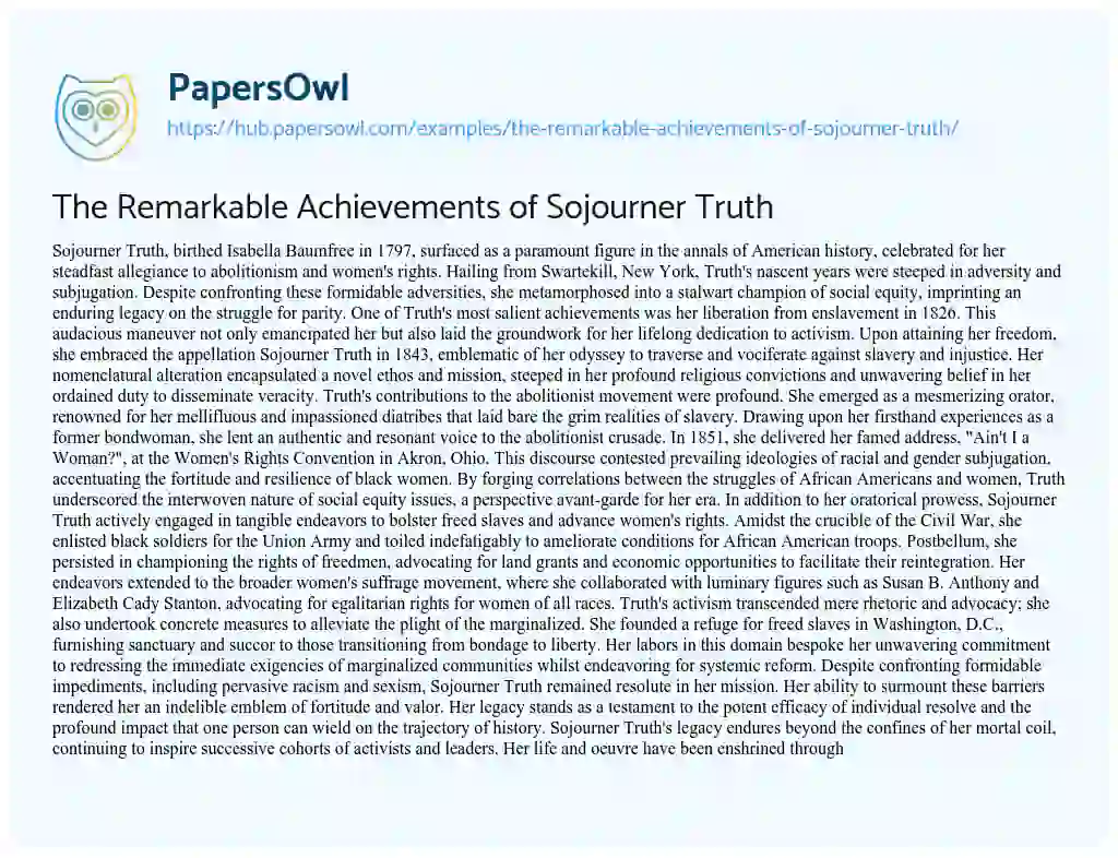 Essay on The Remarkable Achievements of Sojourner Truth