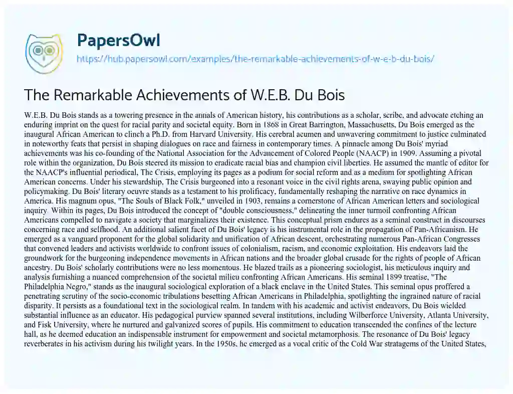 Essay on The Remarkable Achievements of W.E.B. Du Bois