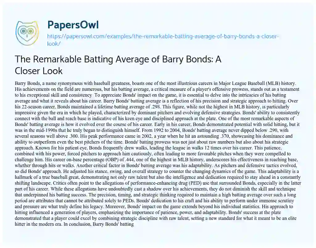 Essay on The Remarkable Batting Average of Barry Bonds: A Closer Look