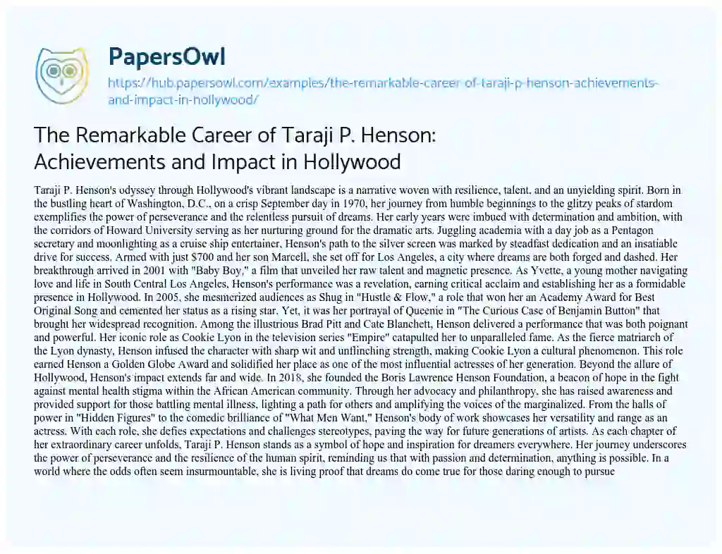 Essay on The Remarkable Career of Taraji P. Henson: Achievements and Impact in Hollywood