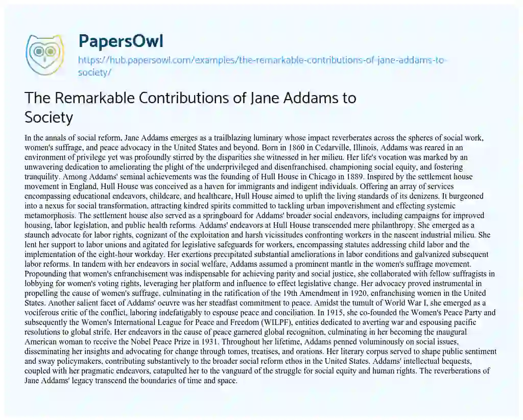Essay on The Remarkable Contributions of Jane Addams to Society