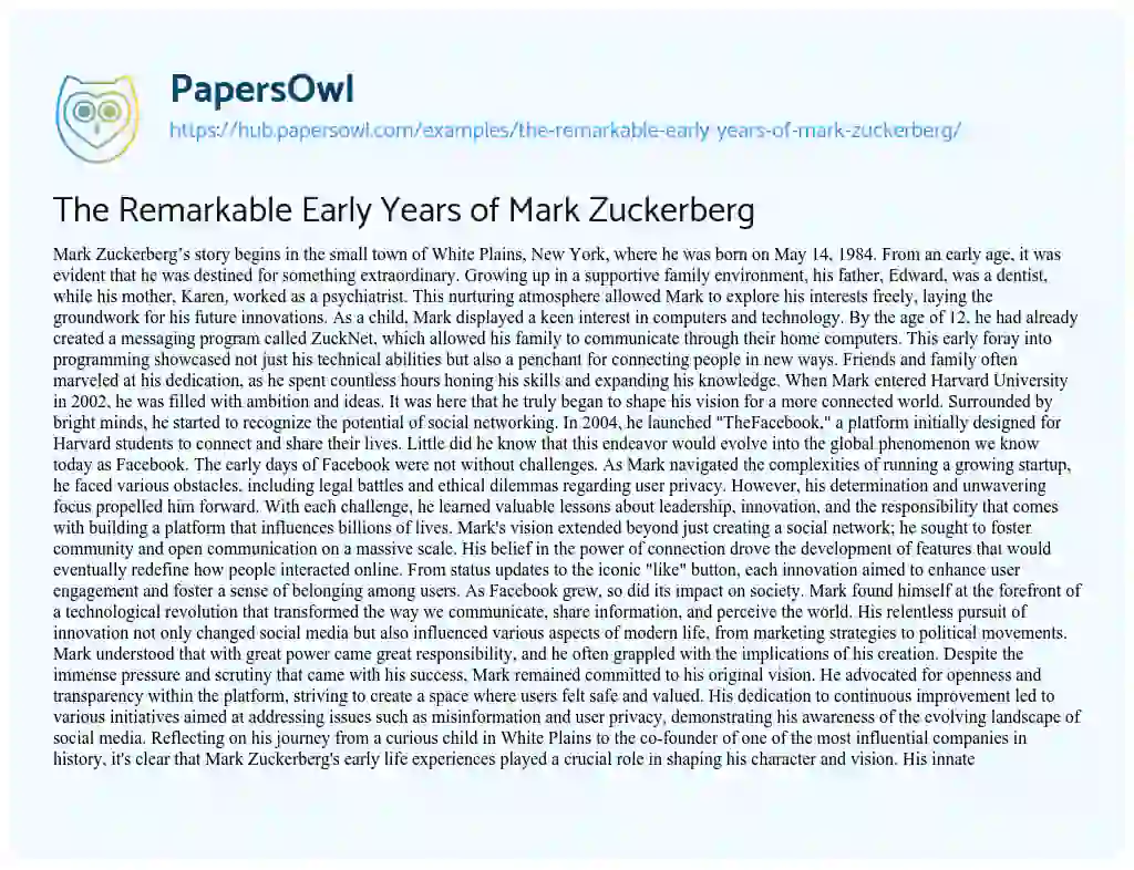 Essay on The Remarkable Early Years of Mark Zuckerberg