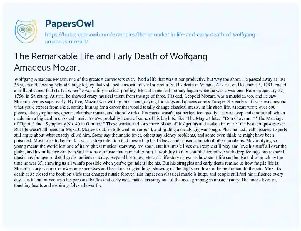 Essay on The Remarkable Life and Early Death of Wolfgang Amadeus Mozart
