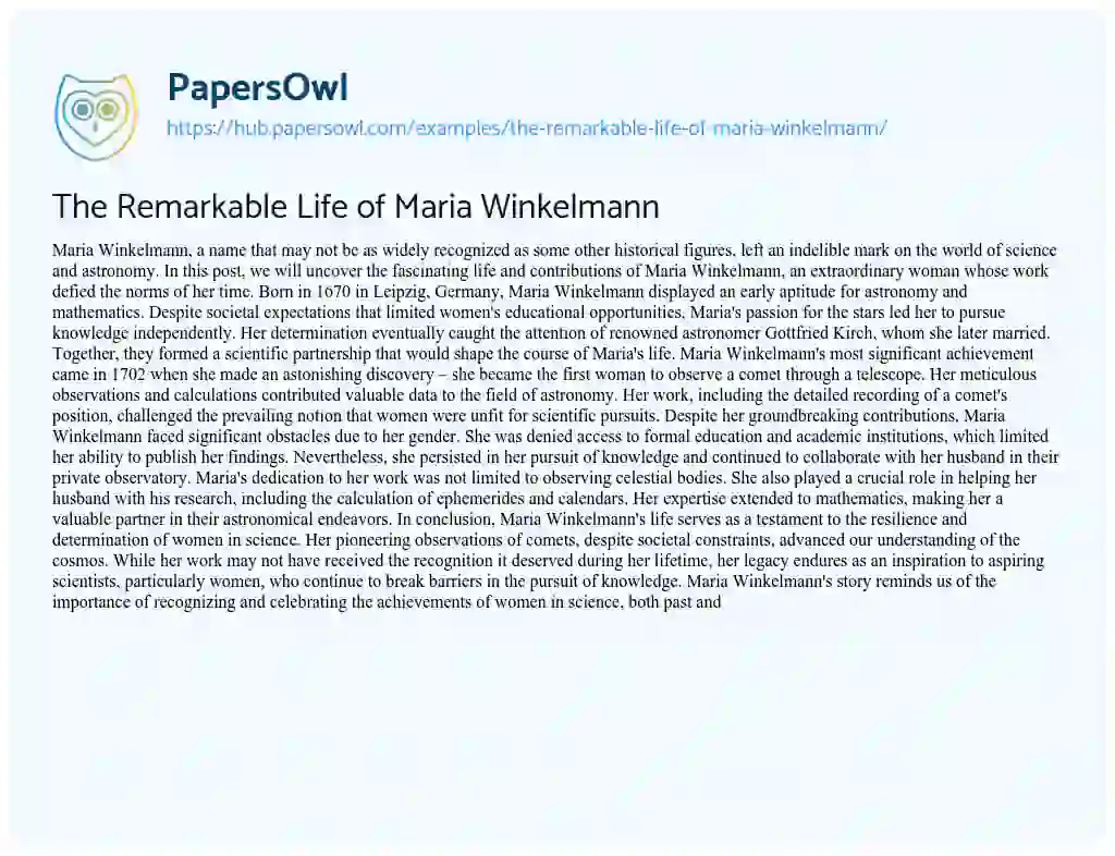 Essay on The Remarkable Life of Maria Winkelmann