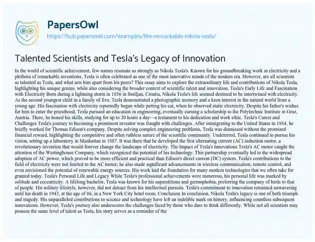 Essay on Talented Scientists and Tesla’s Legacy of Innovation