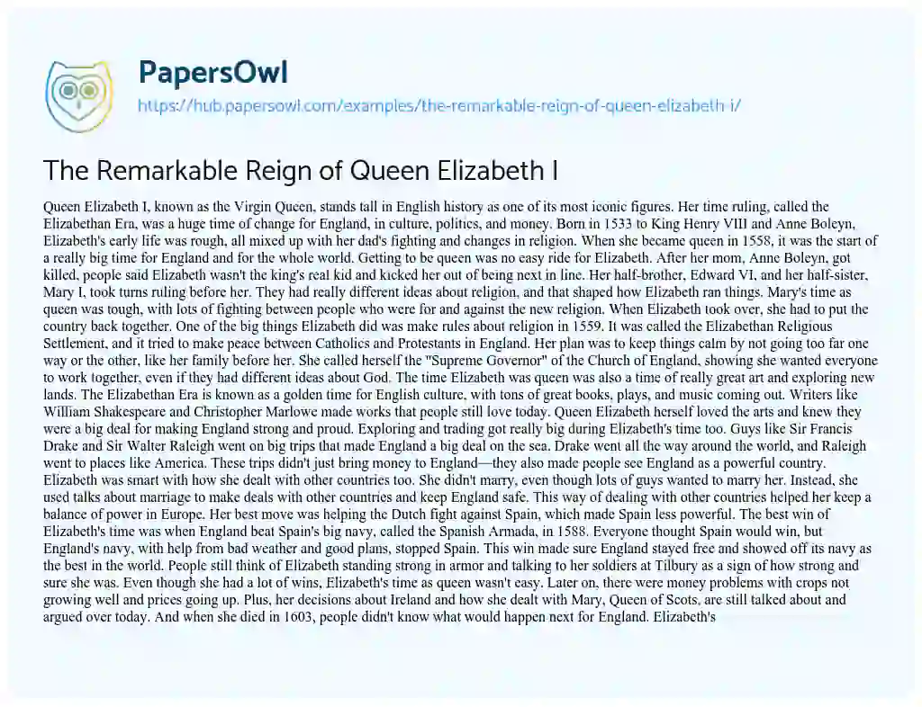 Essay on The Remarkable Reign of Queen Elizabeth I