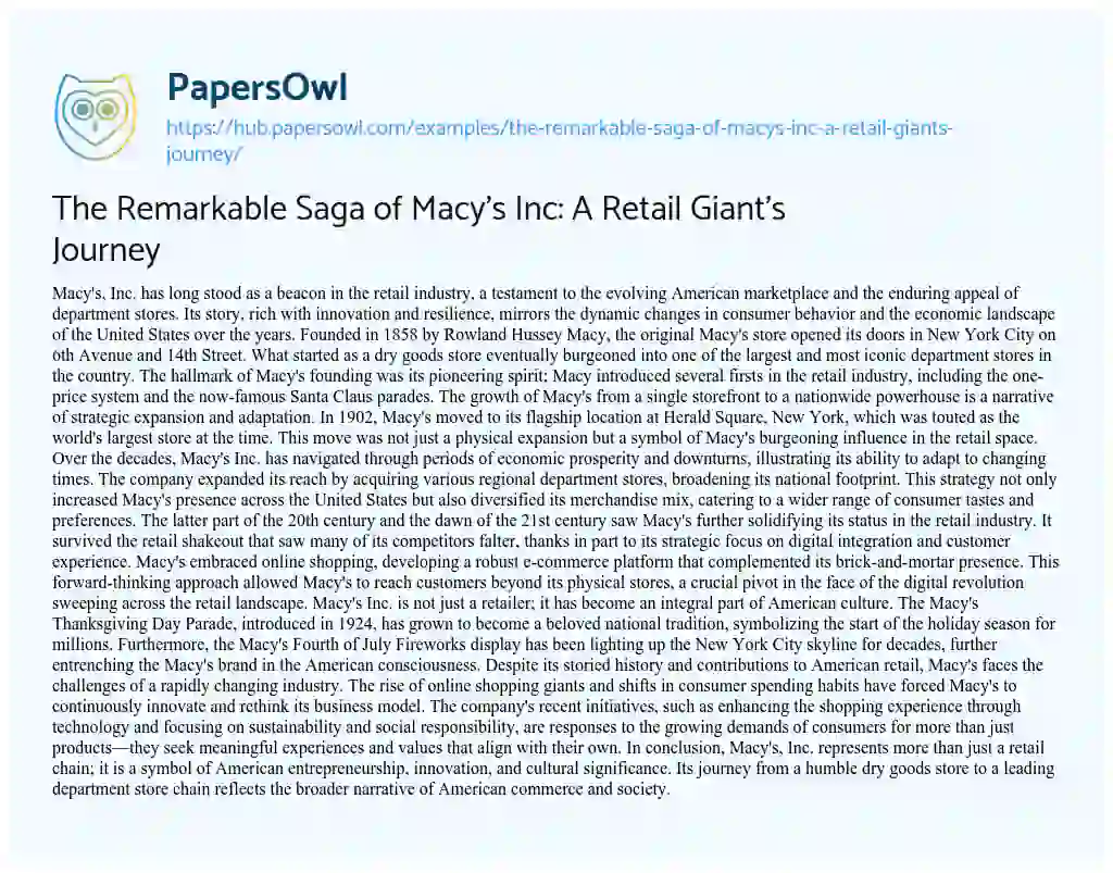 Essay on The Remarkable Saga of Macy’s Inc: A Retail Giant’s Journey