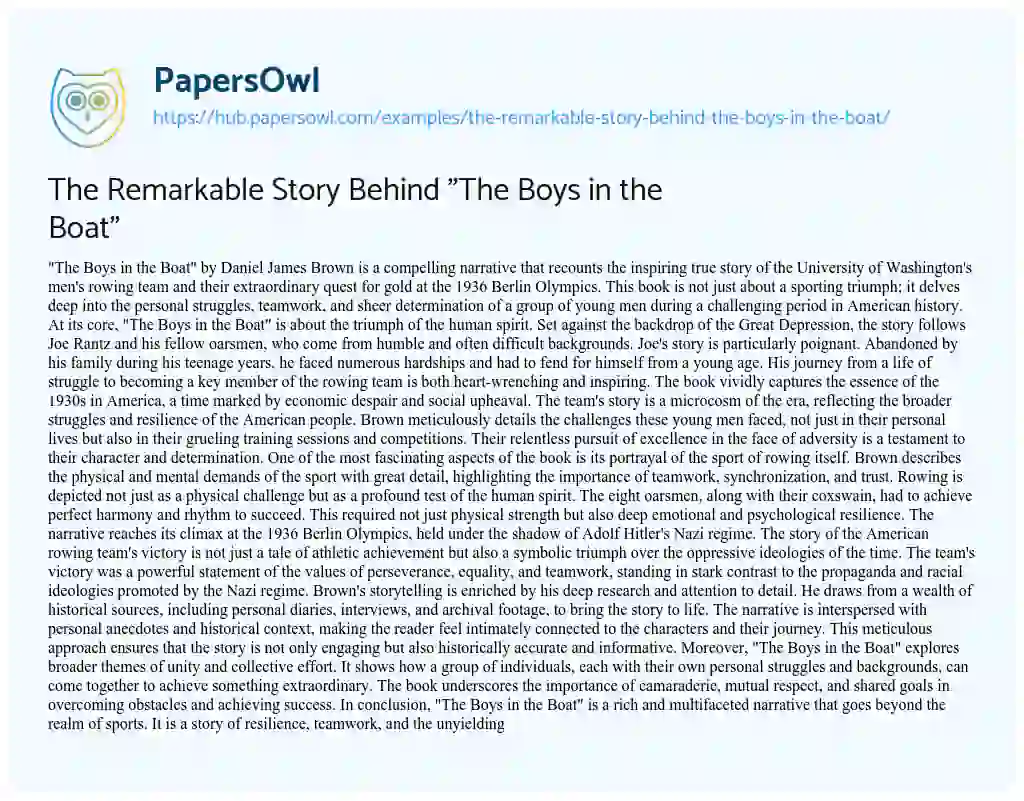 Essay on The Remarkable Story Behind “The Boys in the Boat”