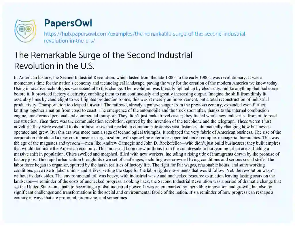 Essay on The Remarkable Surge of the Second Industrial Revolution in the U.S.