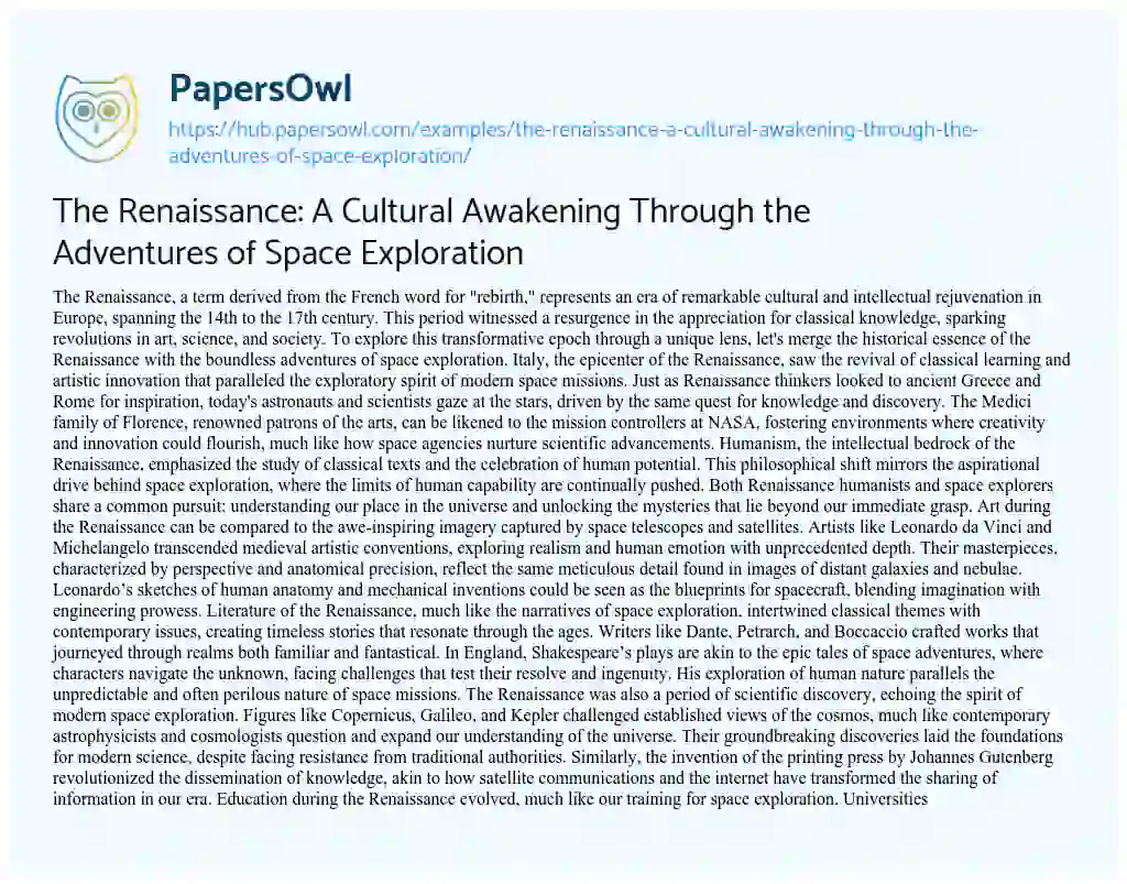 Essay on The Renaissance: A Cultural Awakening Through the Adventures of Space Exploration