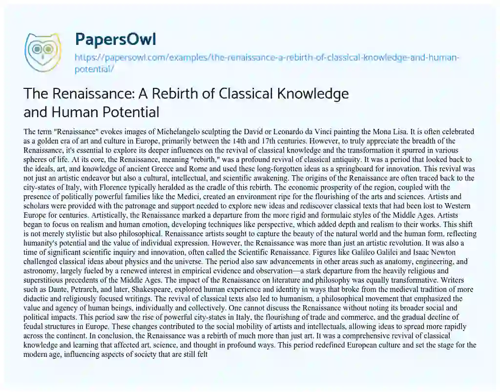 Essay on The Renaissance: A Rebirth of Classical Knowledge and Human Potential