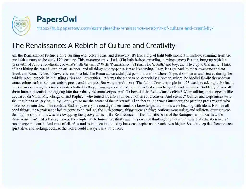 Essay on The Renaissance: A Rebirth of Culture and Creativity