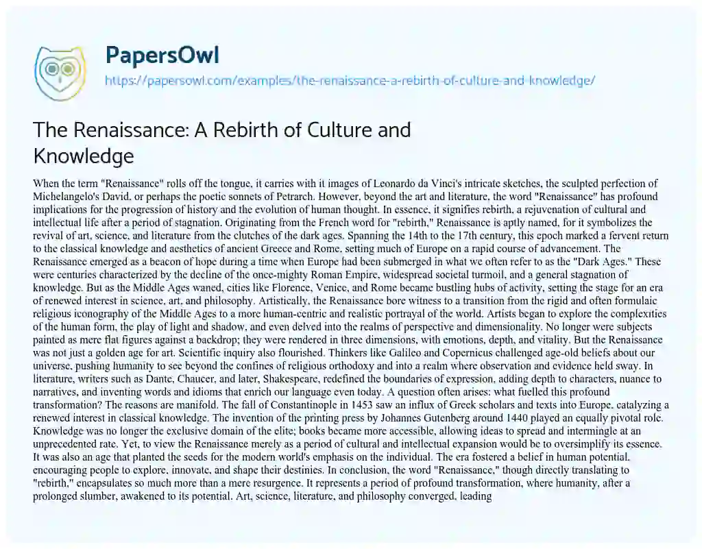 Essay on The Renaissance: A Rebirth of Culture and Knowledge