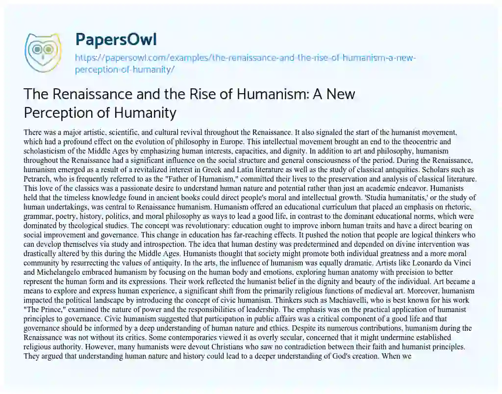 Essay on The Renaissance and the Rise of Humanism: A New Perception of Humanity