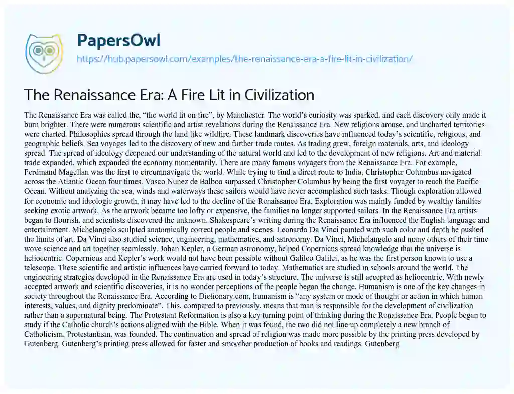 Essay on The Renaissance Era: A Fire Lit in Civilization