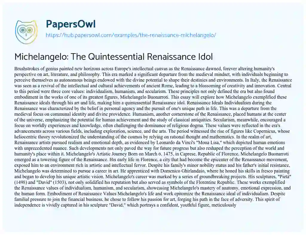 Essay on Michelangelo: The Quintessential Renaissance Idol