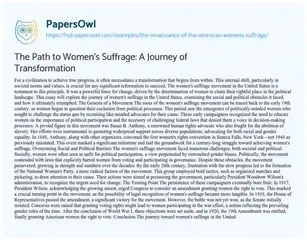 Essay on The Path to Women’s Suffrage: A Journey of Transformation