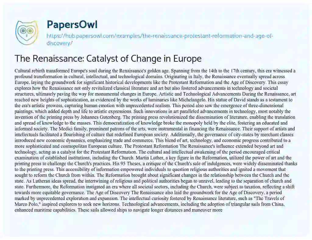 Essay on The Renaissance: Catalyst of Change in Europe
