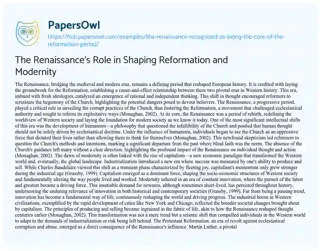 Essay on The Renaissance’s Role in Shaping Reformation and Modernity