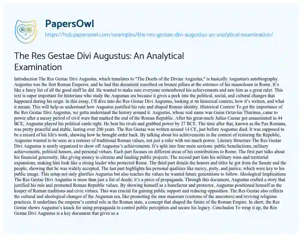 Essay on The Res Gestae Divi Augustus: An Analytical Examination