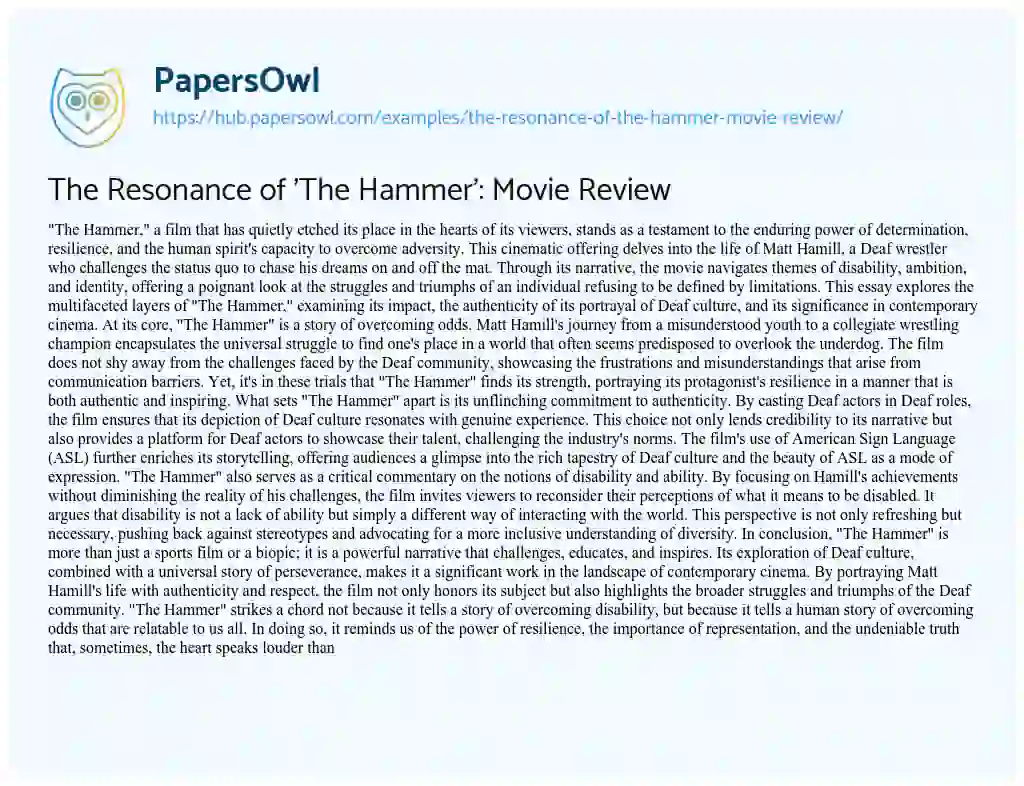 Essay on The Resonance of ‘The Hammer’: Movie Review
