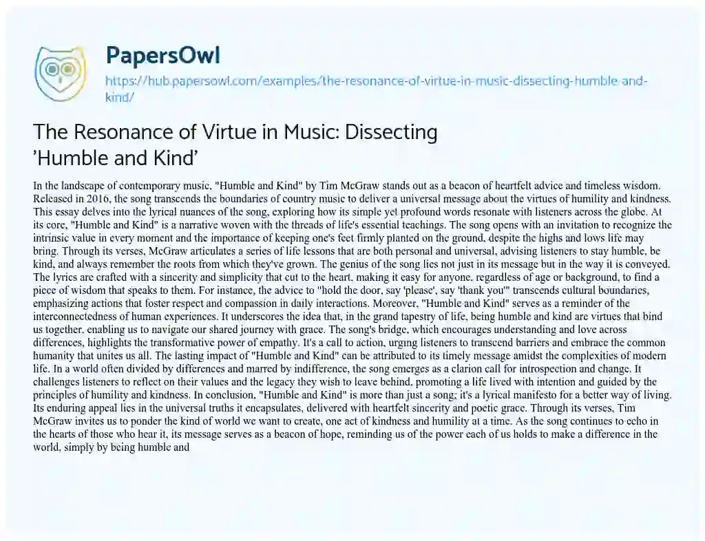 Essay on The Resonance of Virtue in Music: Dissecting ‘Humble and Kind’