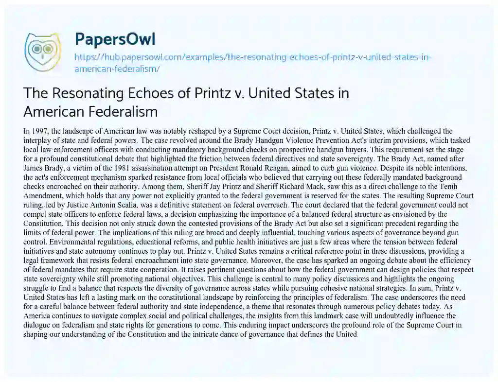 Essay on The Resonating Echoes of Printz v. United States in American Federalism