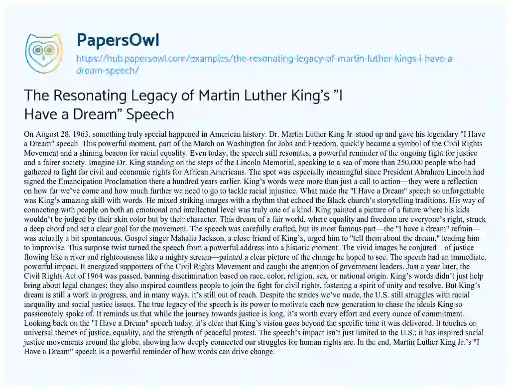 Essay on The Resonating Legacy of Martin Luther King’s “I Have a Dream” Speech