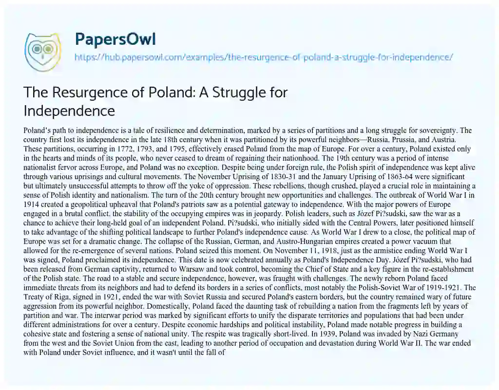 Essay on The Resurgence of Poland: A Struggle for Independence