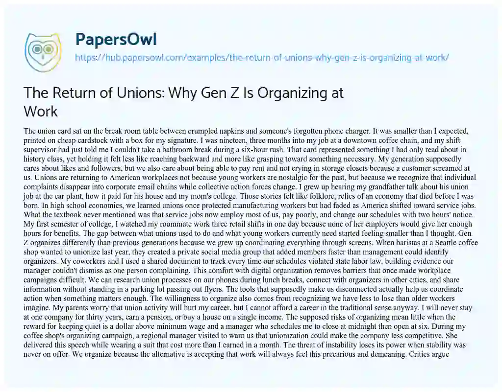 Essay on The Return of Unions: Why Gen Z Is Organizing at Work