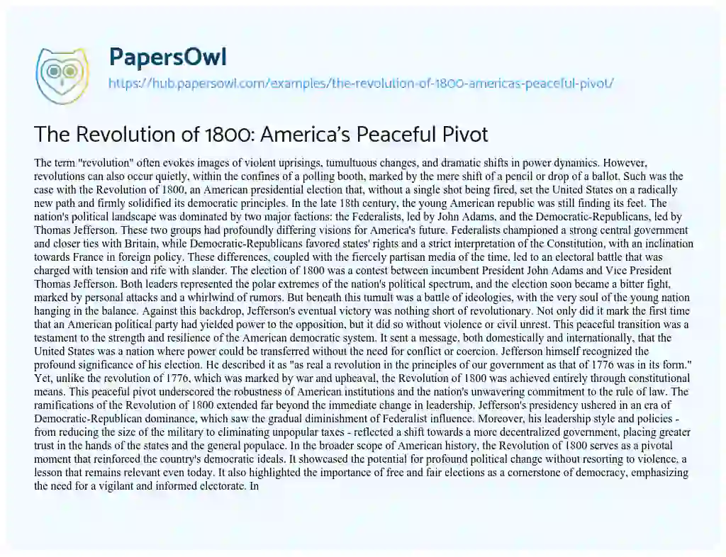 Essay on The Revolution of 1800: America’s Peaceful Pivot