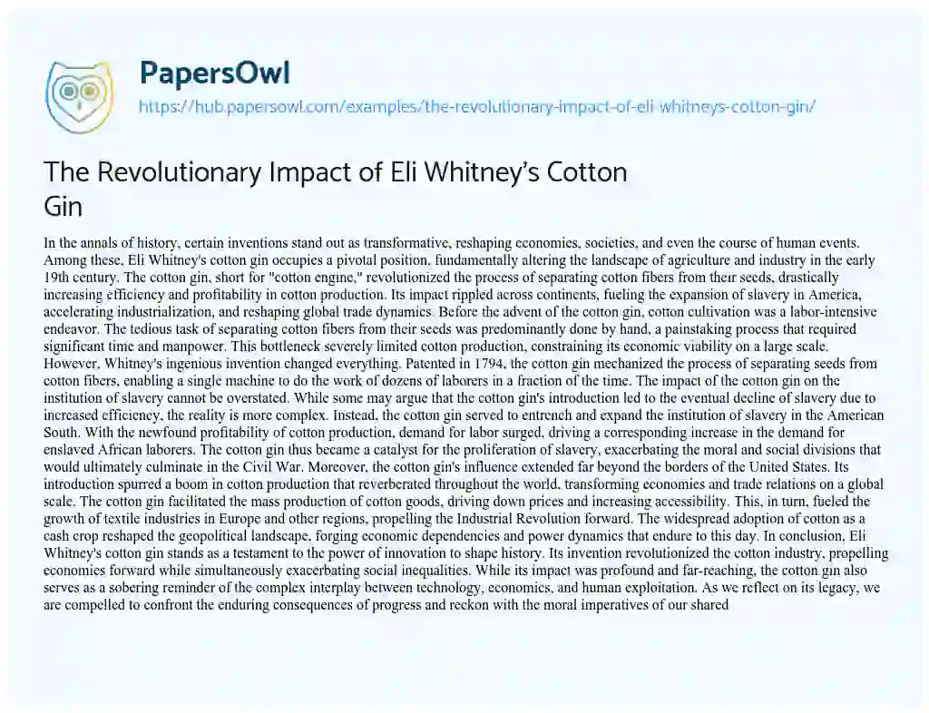 Essay on The Revolutionary Impact of Eli Whitney’s Cotton Gin