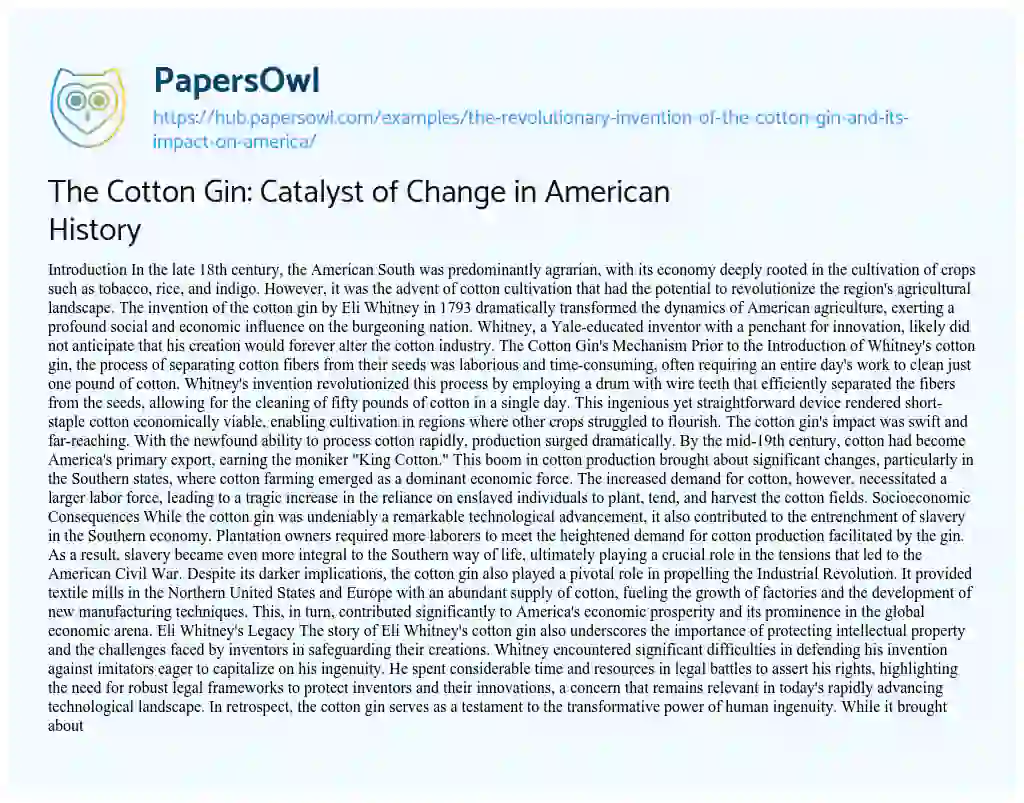 Essay on The Cotton Gin: Catalyst of Change in American History