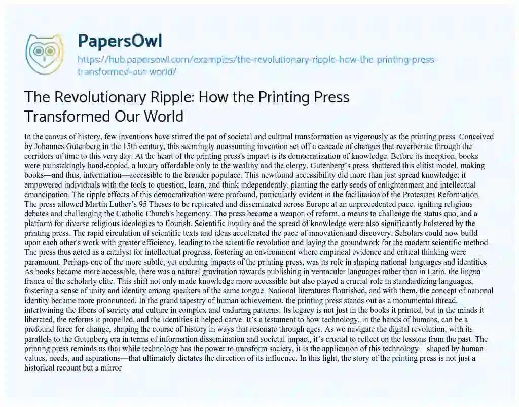 Essay on The Revolutionary Ripple: How the Printing Press Transformed Our World