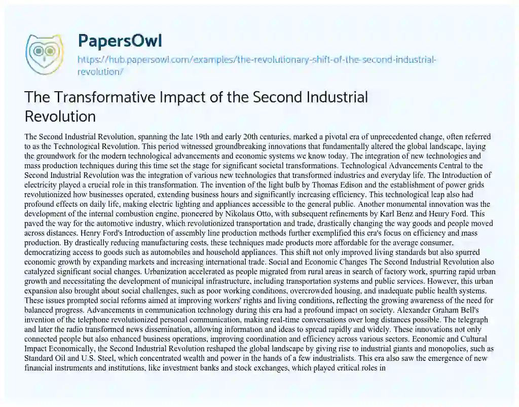 Essay on The Transformative Impact of the Second Industrial Revolution