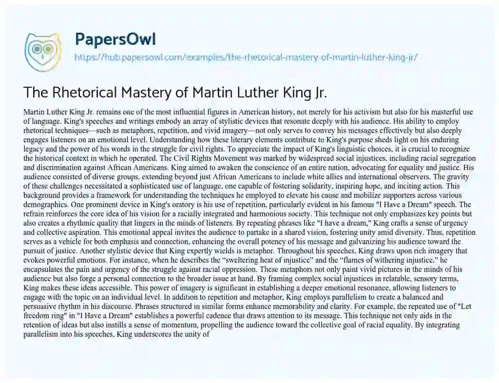 Essay on The Rhetorical Mastery of Martin Luther King Jr.