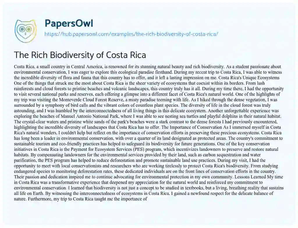Essay on The Rich Biodiversity of Costa Rica