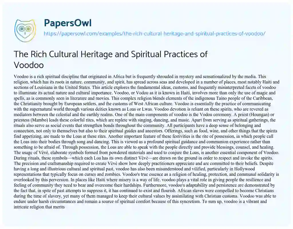 Essay on The Rich Cultural Heritage and Spiritual Practices of Voodoo