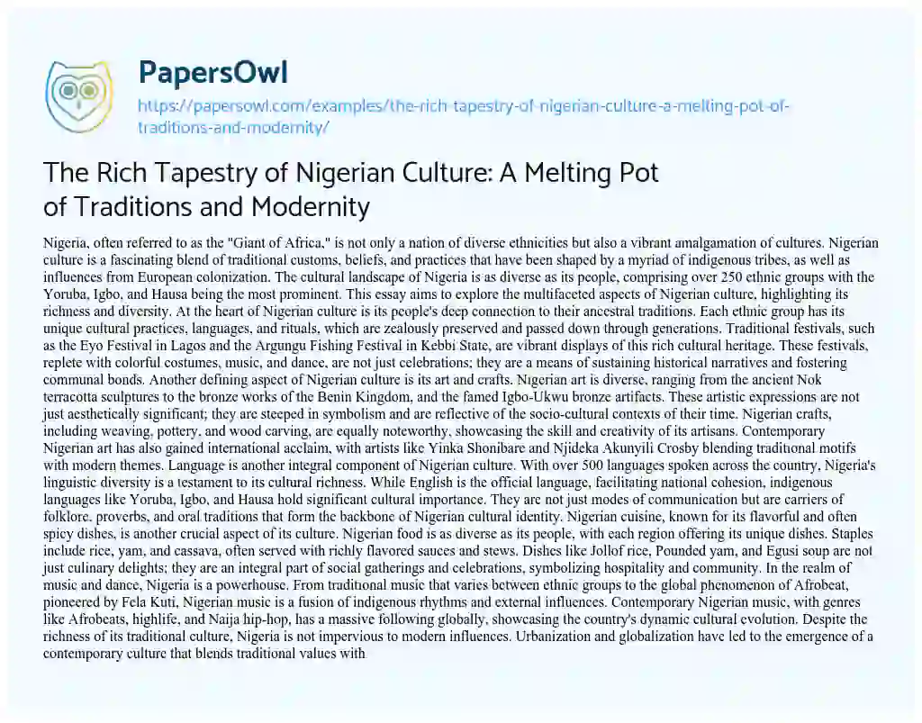 Essay on The Rich Tapestry of Nigerian Culture: A Melting Pot of Traditions and Modernity