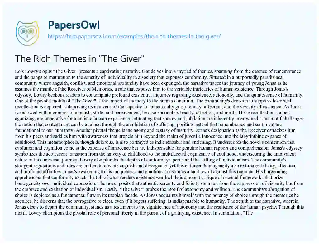 Essay on The Rich Themes in “The Giver”