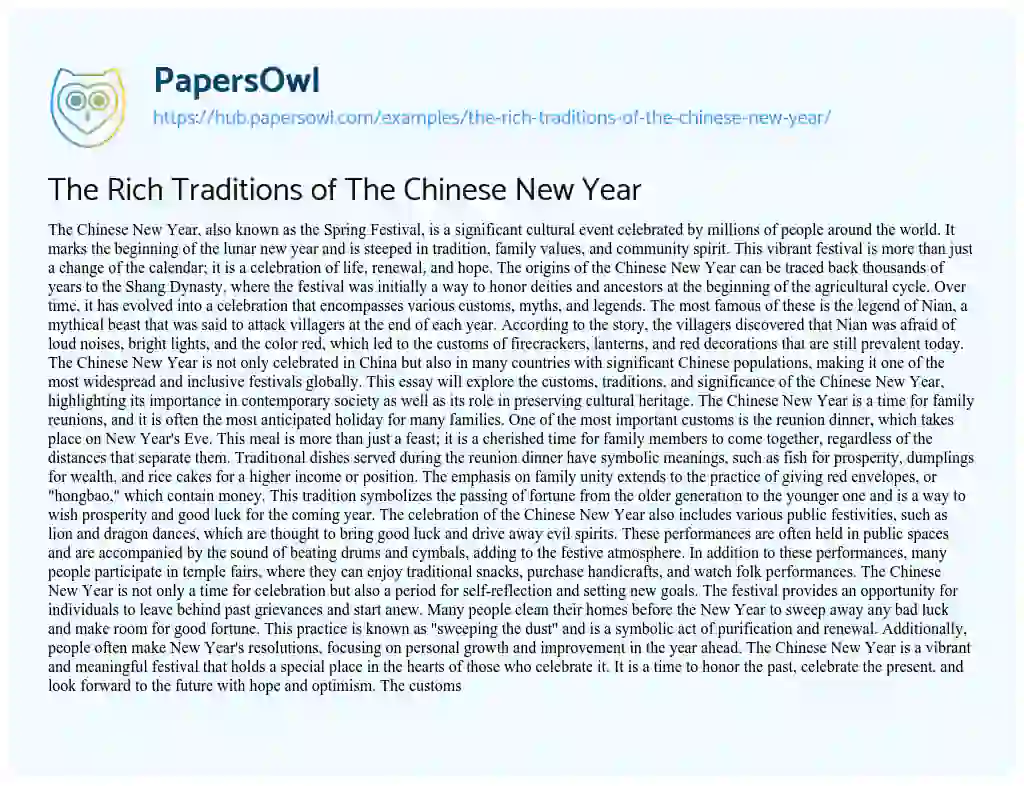 Essay on The Rich Traditions of The Chinese New Year