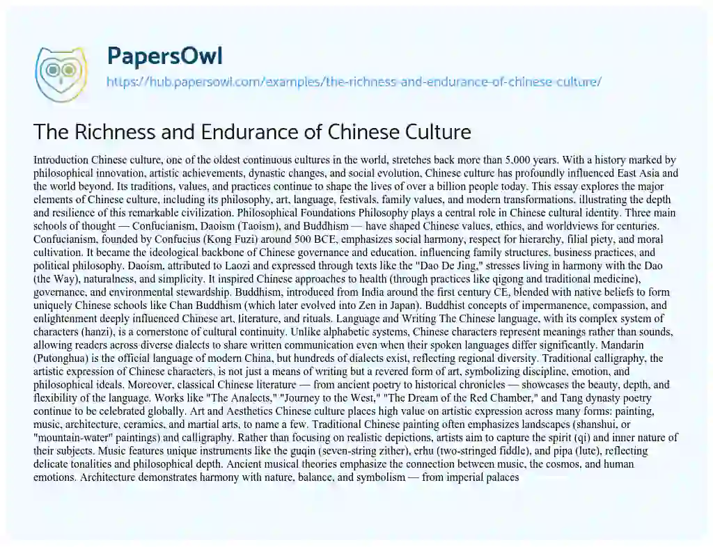 Essay on The Richness and Endurance of Chinese Culture