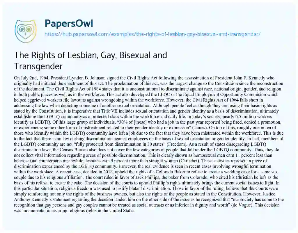 Essay on The Rights of Lesbian, Gay, Bisexual and Transgender