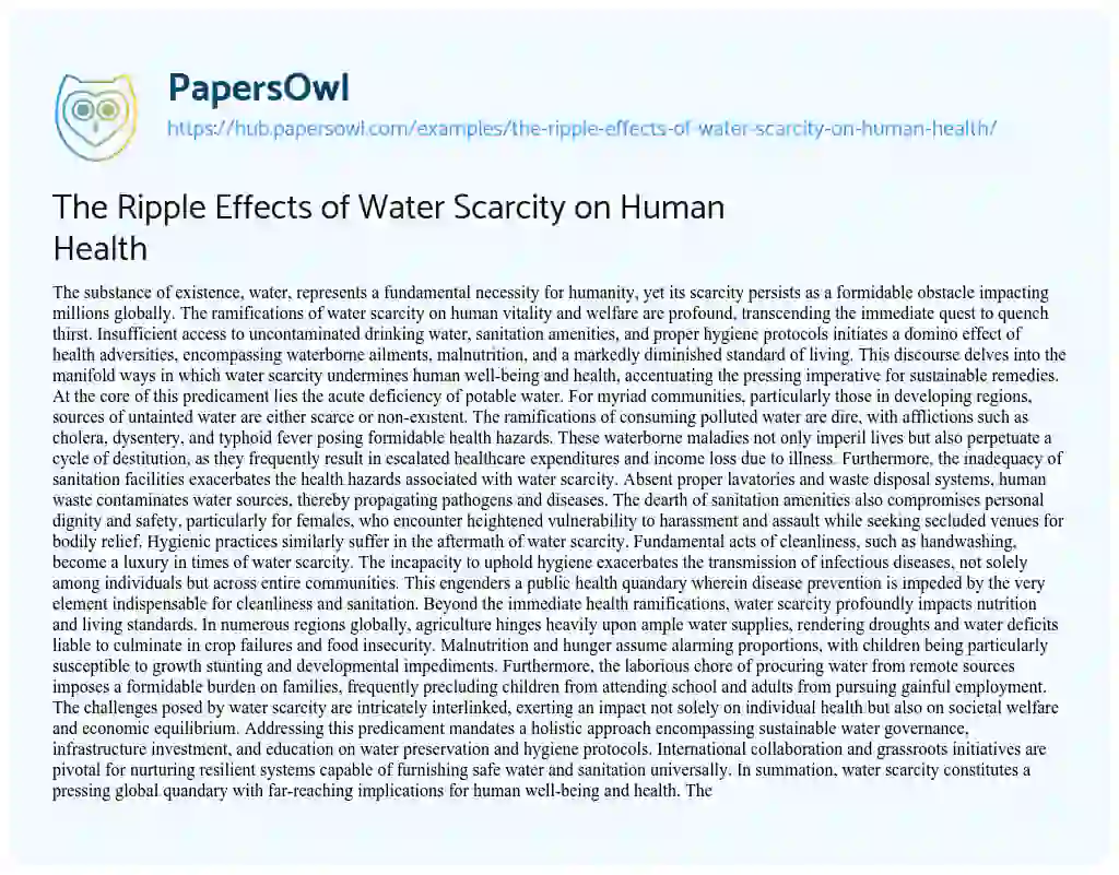 Essay on The Ripple Effects of Water Scarcity on Human Health