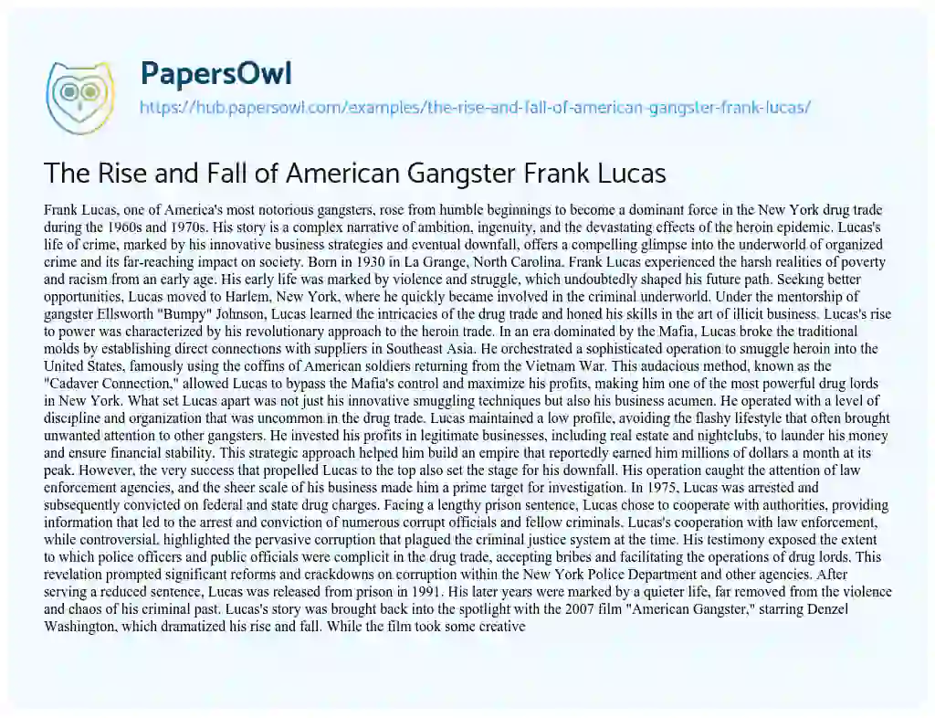 Essay on The Rise and Fall of American Gangster Frank Lucas
