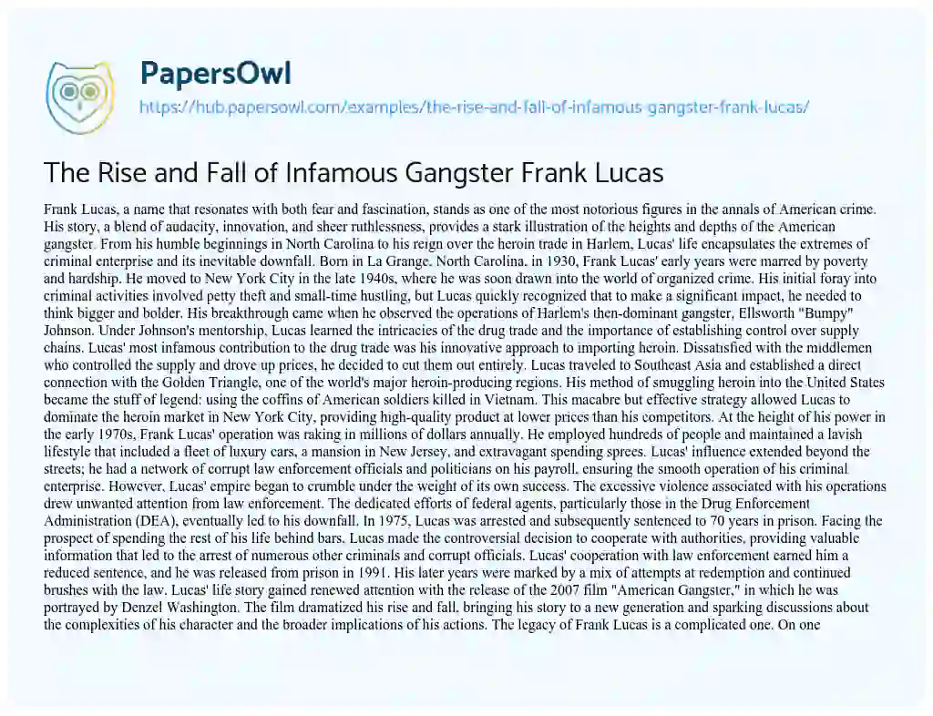 Essay on The Rise and Fall of Infamous Gangster Frank Lucas