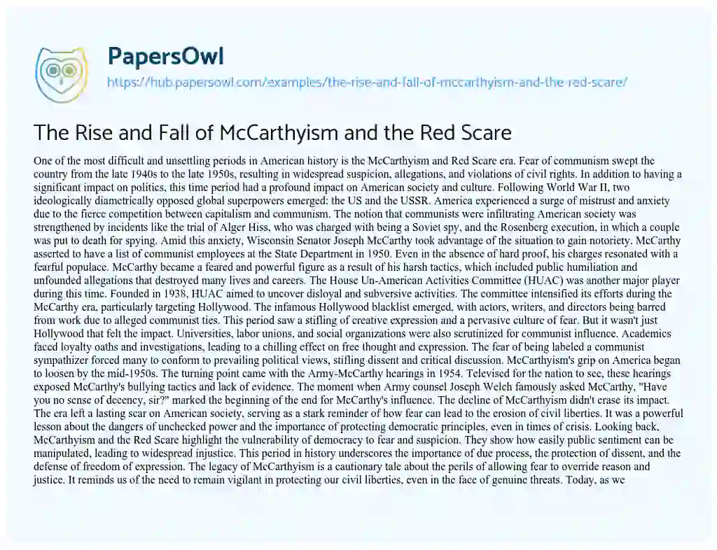 Essay on The Rise and Fall of McCarthyism and the Red Scare