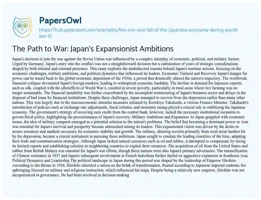 Essay on The Path to War: Japan’s Expansionist Ambitions