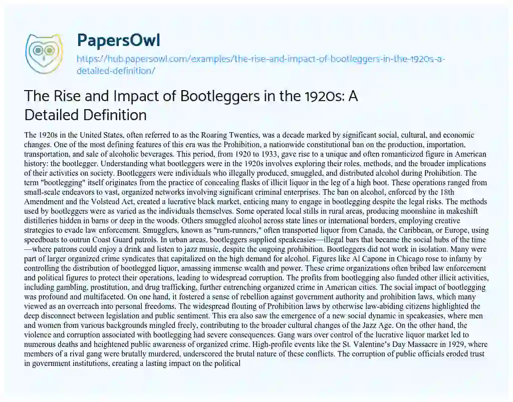 Essay on The Rise and Impact of Bootleggers in the 1920s: A Detailed Definition